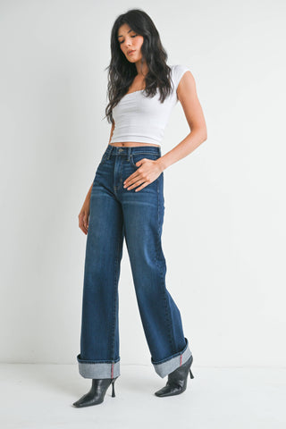 Dark Denim Cuffed Palazzo Jeans