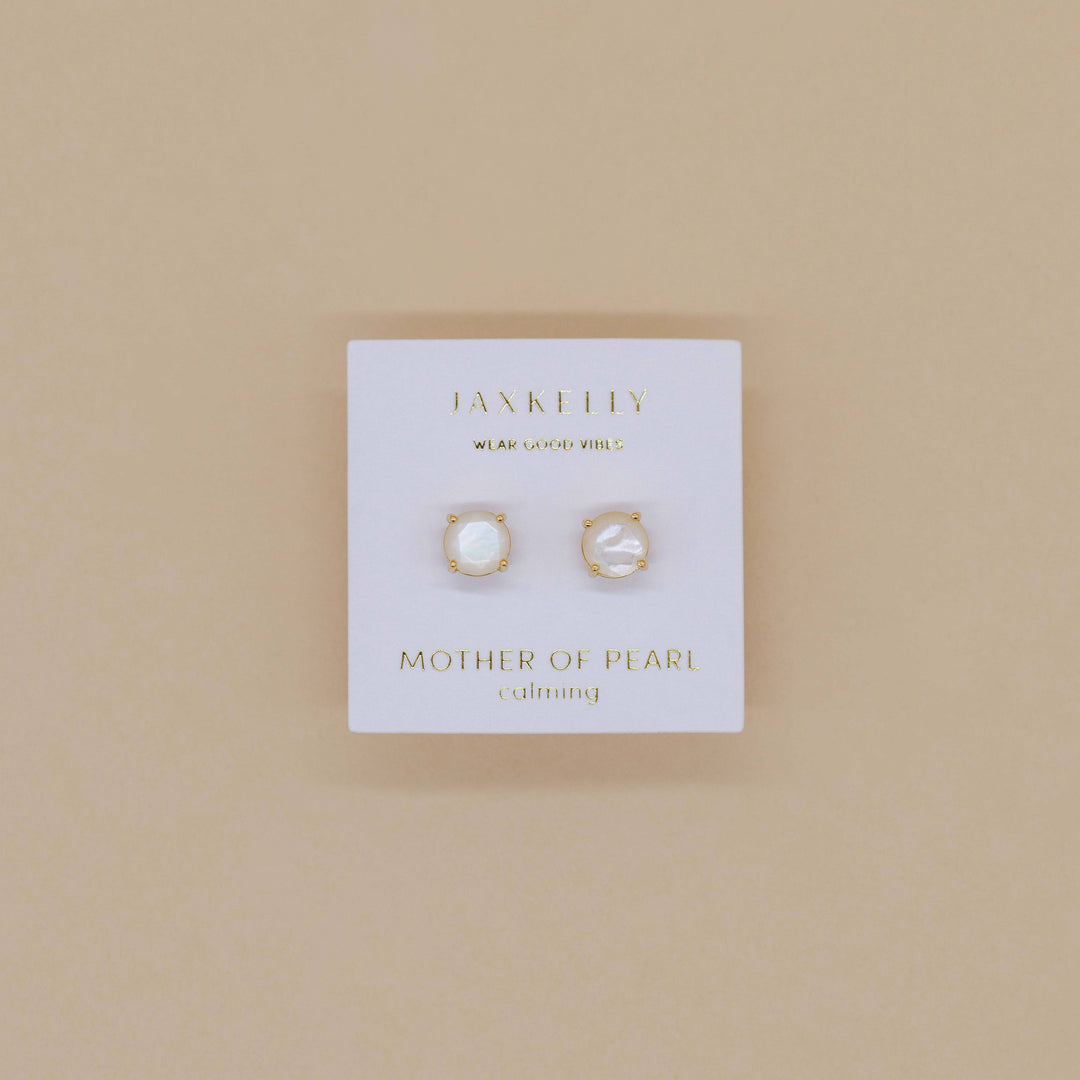 Round - Mother of Pearl Gemstone - Gold Earrings
