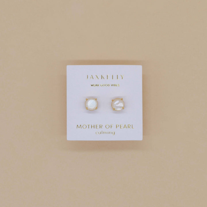 Round - Mother of Pearl Gemstone - Gold Earrings