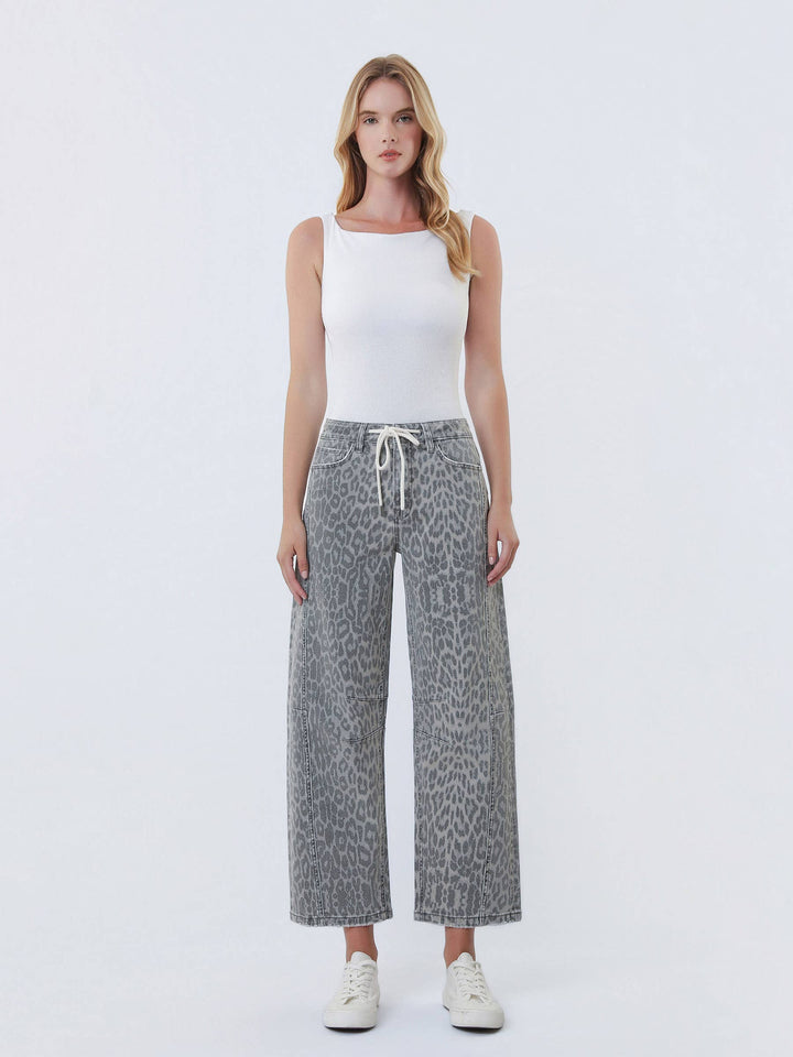 VERVET by Flying Monkey grey leopard high-rise drawstring barrel jeans on a model with a white top and sneakers