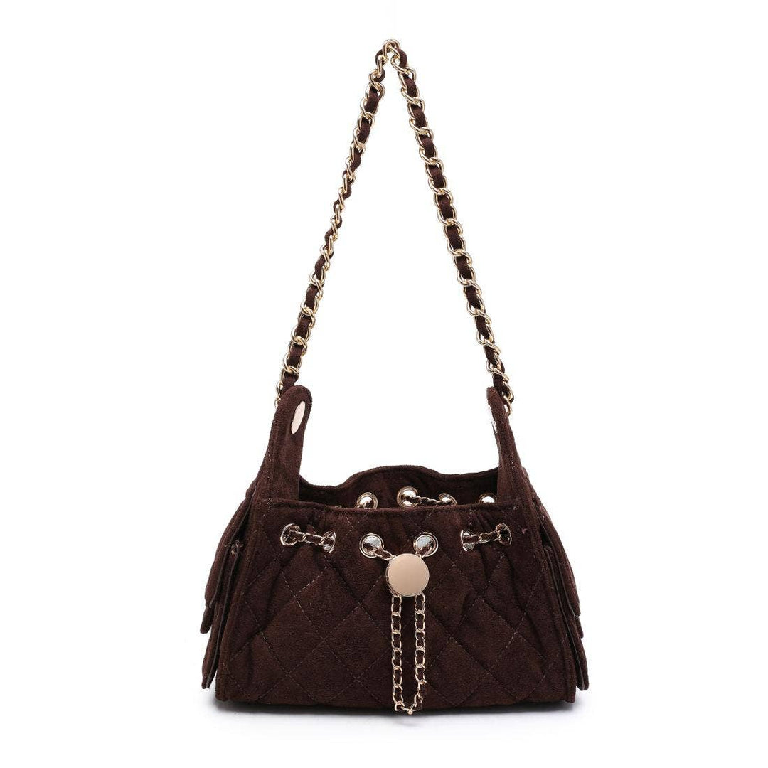 Royalty quilted faux suede shoulder bag in espresso brown with gold chain drawstring