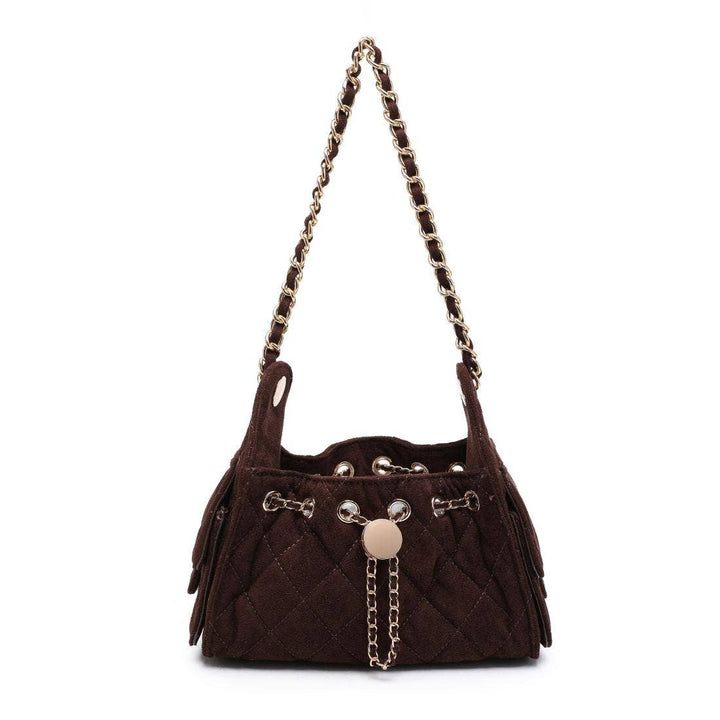 Royalty quilted faux suede shoulder bag in espresso brown with gold chain drawstring