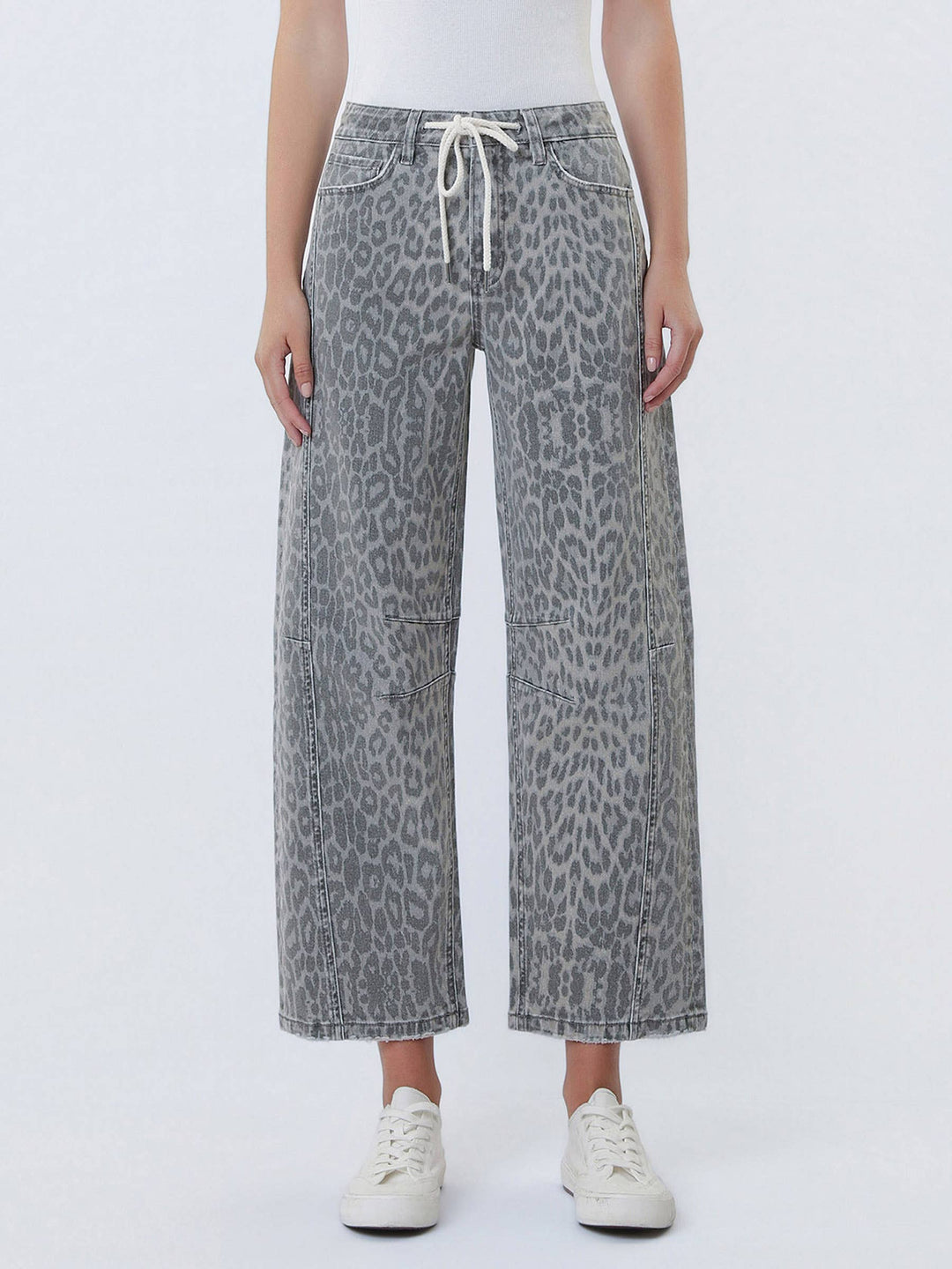 VERVET by Flying Monkey grey leopard high-rise drawstring barrel jeans in comfort-stretch denim.