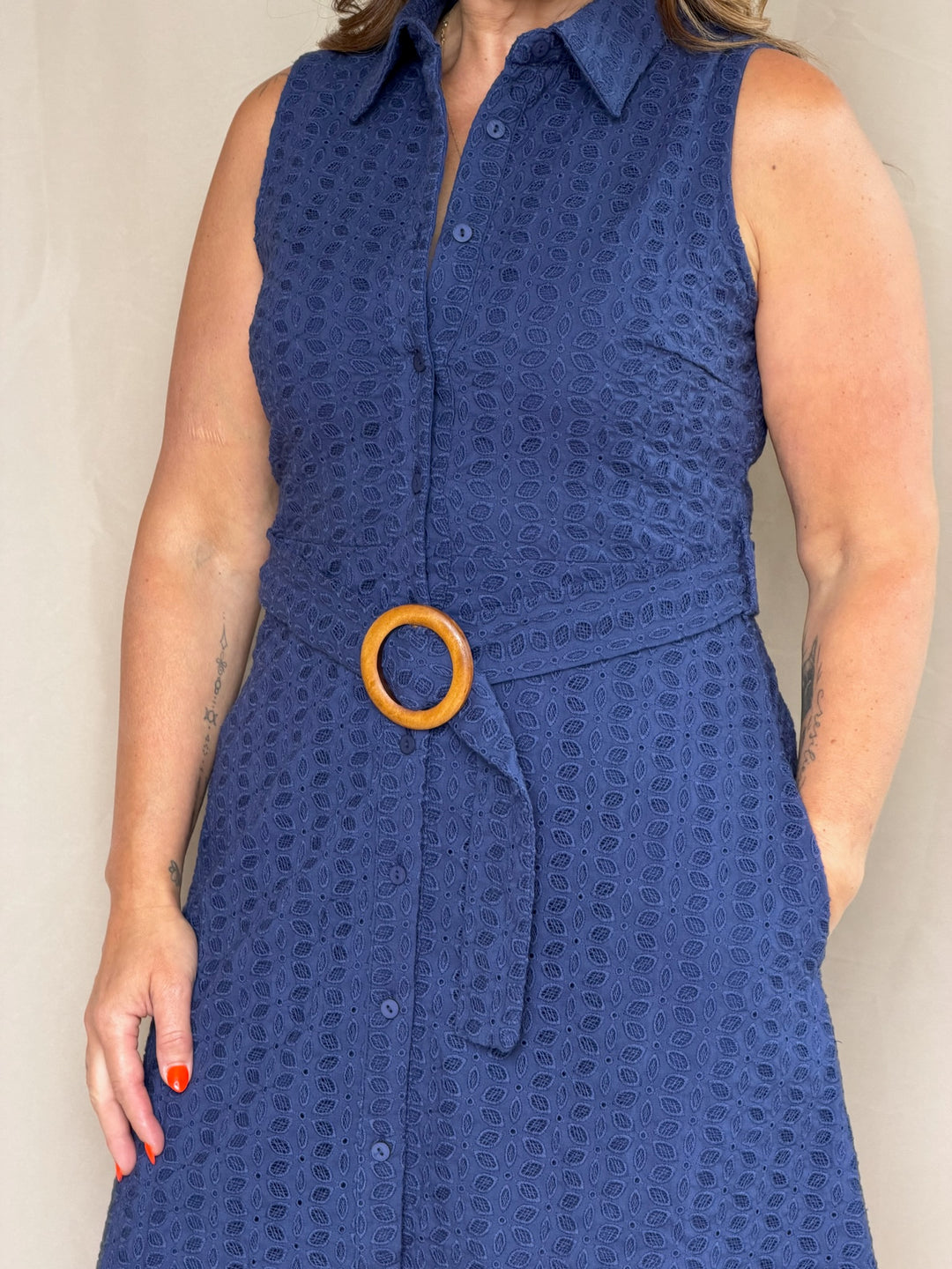 Navy Belted Collared Dress