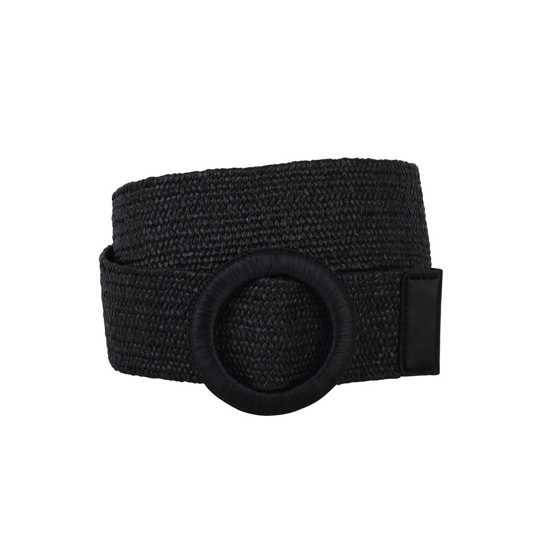 Most Wanted USA - Woven Raffia Circle Buckle Stretch Waist Belt: Black / SM