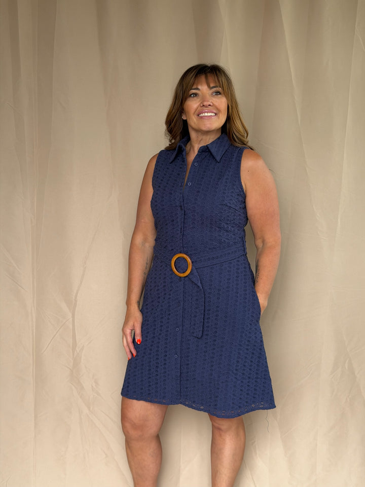 Navy Belted Collared Dress