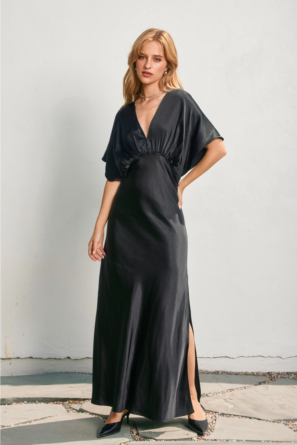 blouson maxi dress with sleeves V-neck Split Sleeve Blouson Bodice Maxi Bridesmaid Dress In Silver Dove