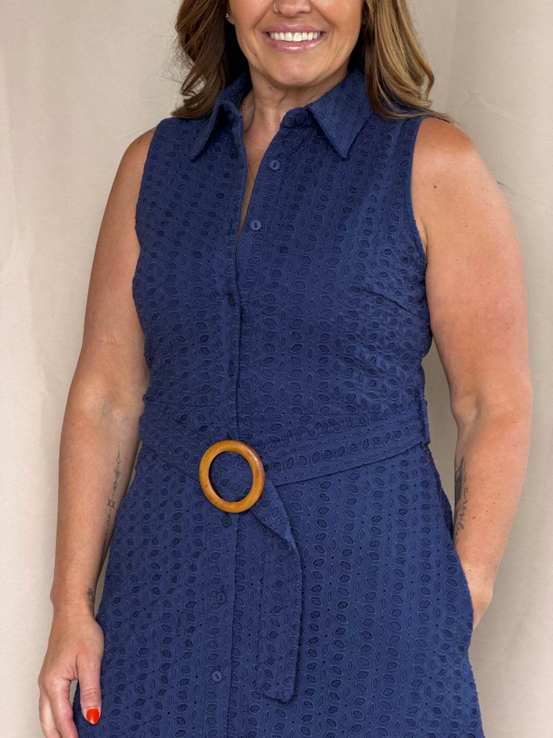 Navy Belted Collared Dress
