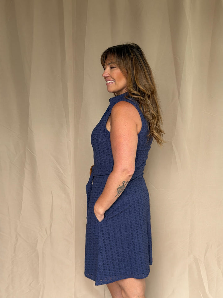 Navy Belted Collared Dress
