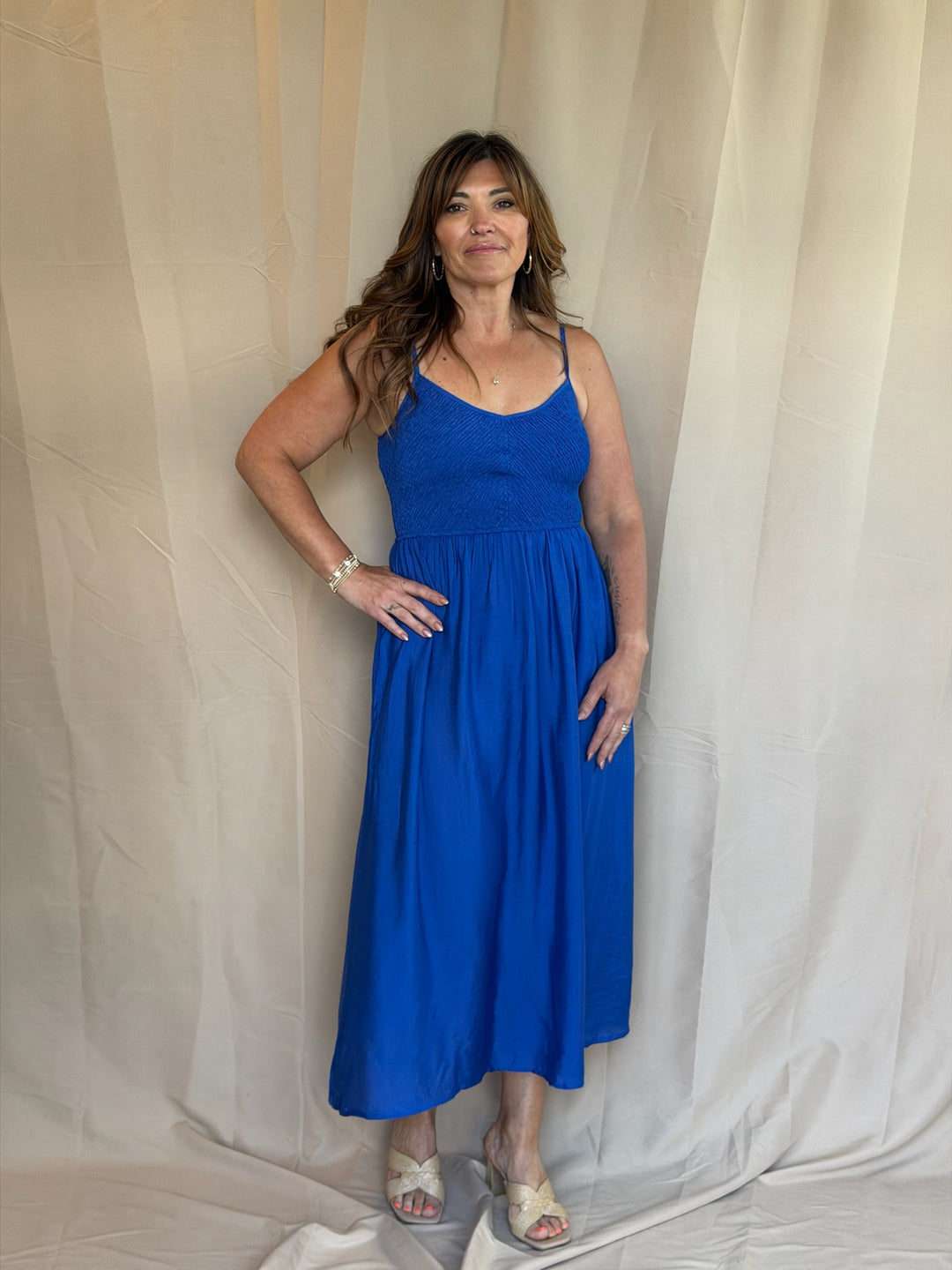 Royal Blue Smocked Bodice Maxi Dress Large