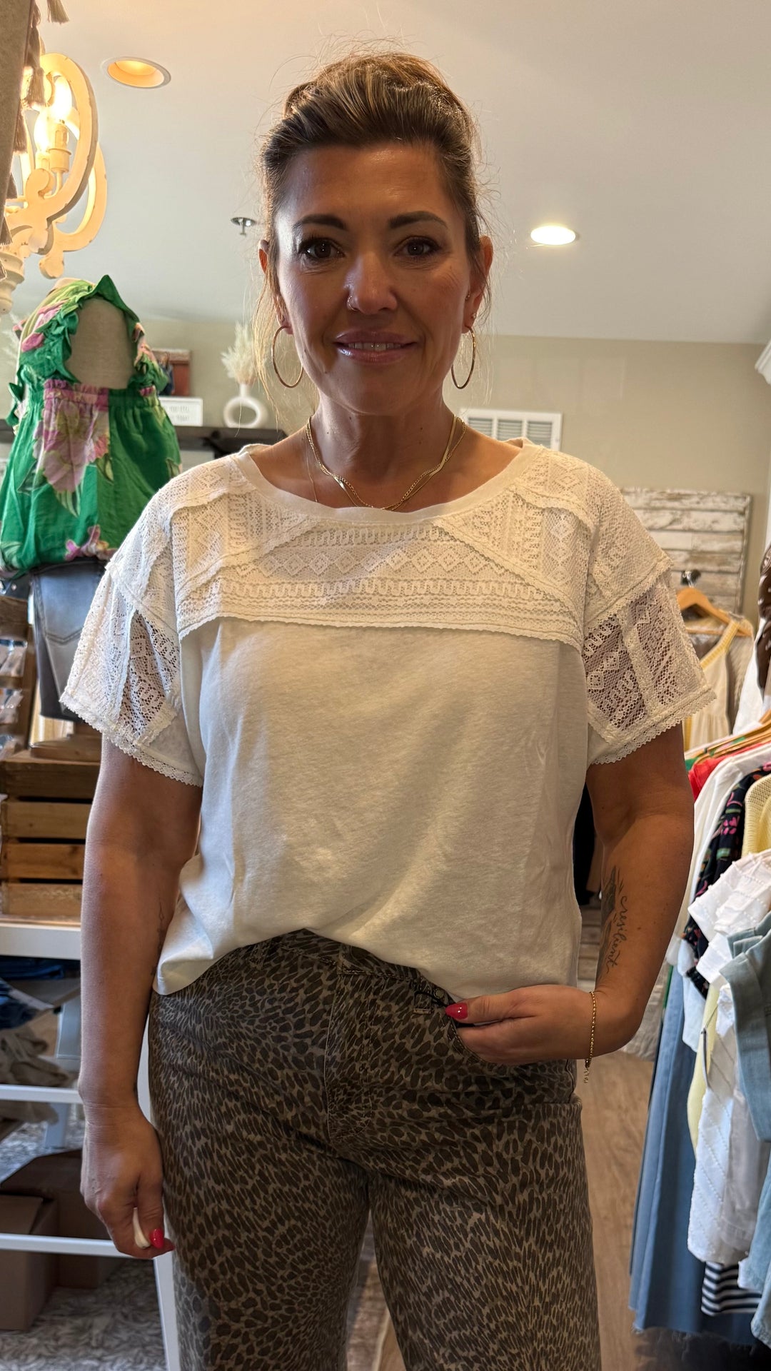 Short Sleeve Dolman Sleeve with Lace Top