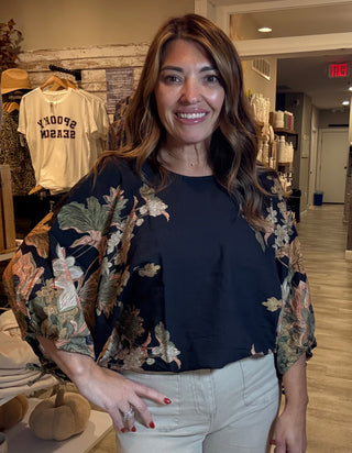 Black Floral Kimono-Sleeve Blouse