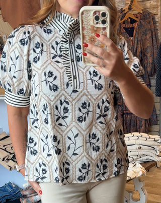 Blue Cream Embroiderd Top