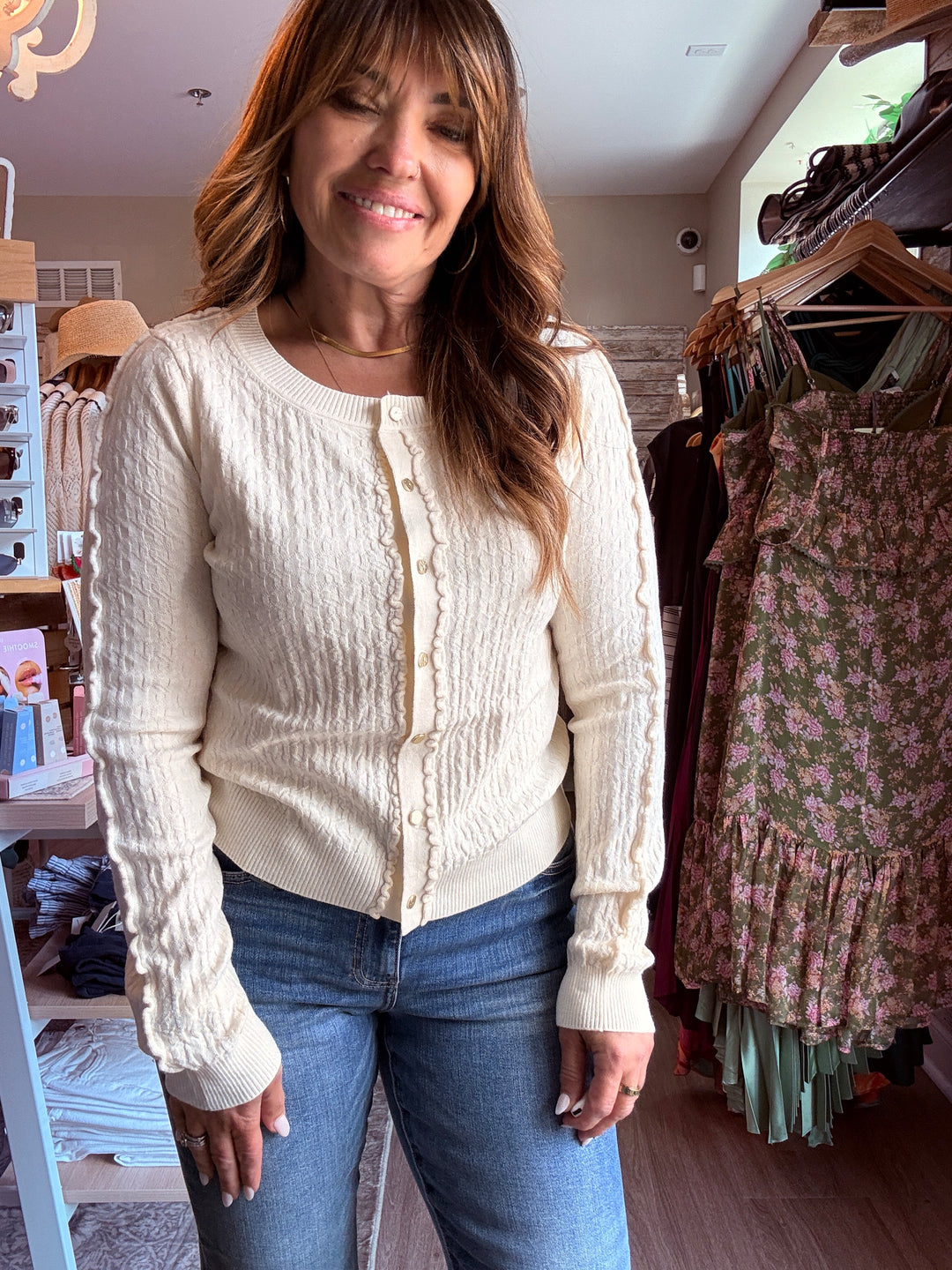 Ruffle Button Front Cardigan Sweater