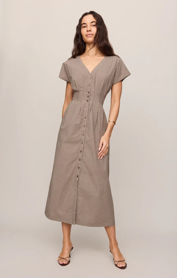 Sanna gingham maxi dress in lightweight cotton poplin with V-neck and button front