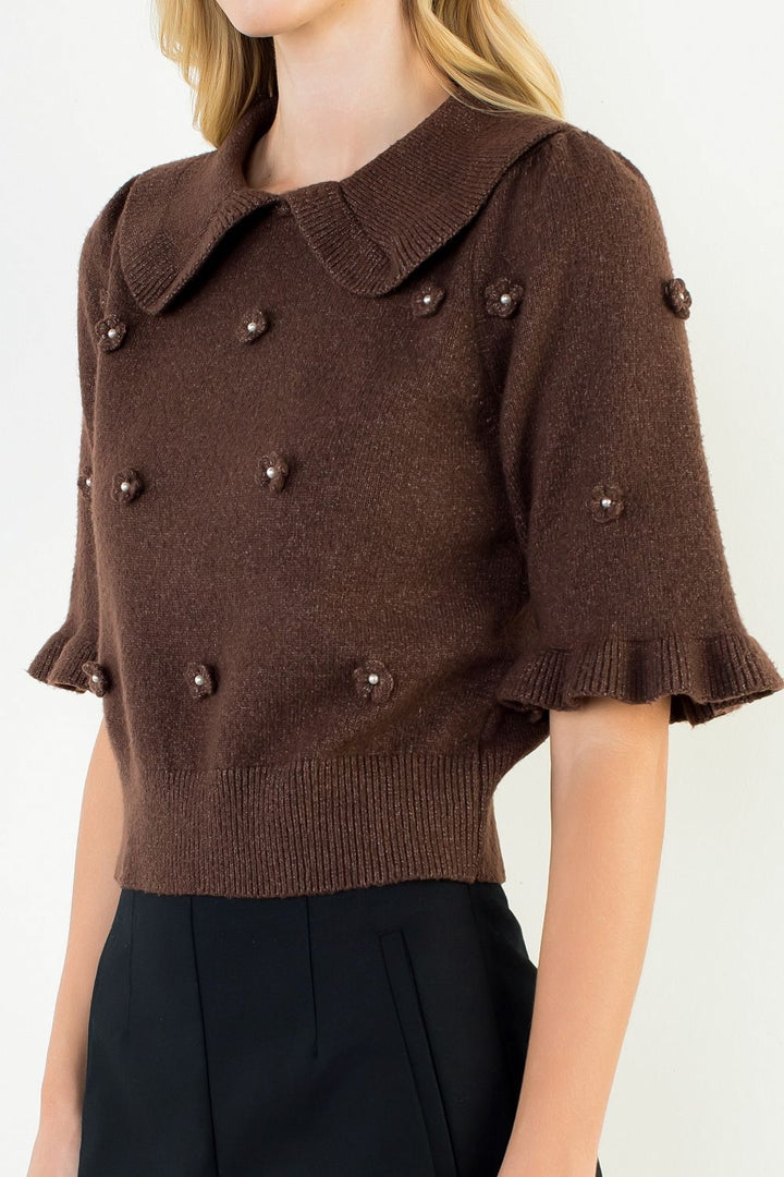 Pearl Bloom Collared Sweater Top — Chocolate