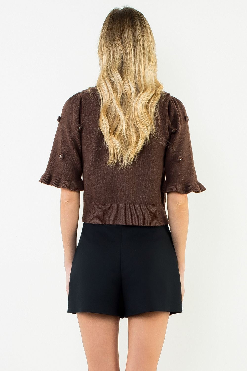 Pearl Bloom Collared Sweater Top — Chocolate
