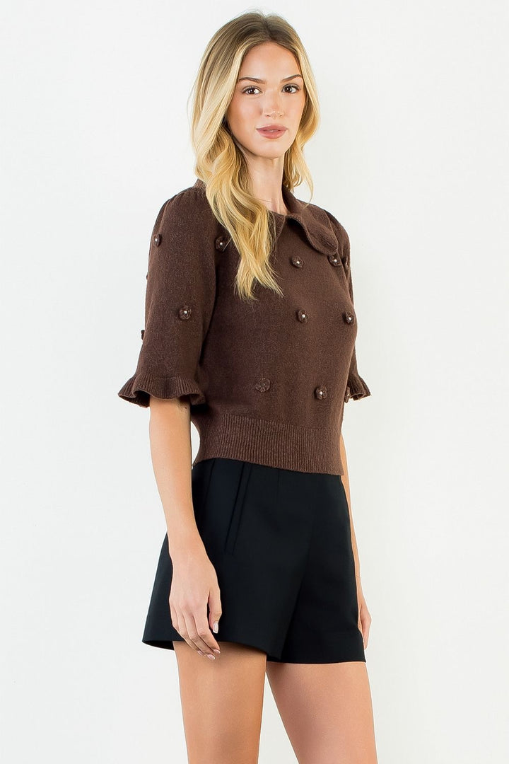 Pearl Bloom Collared Sweater Top — Chocolate