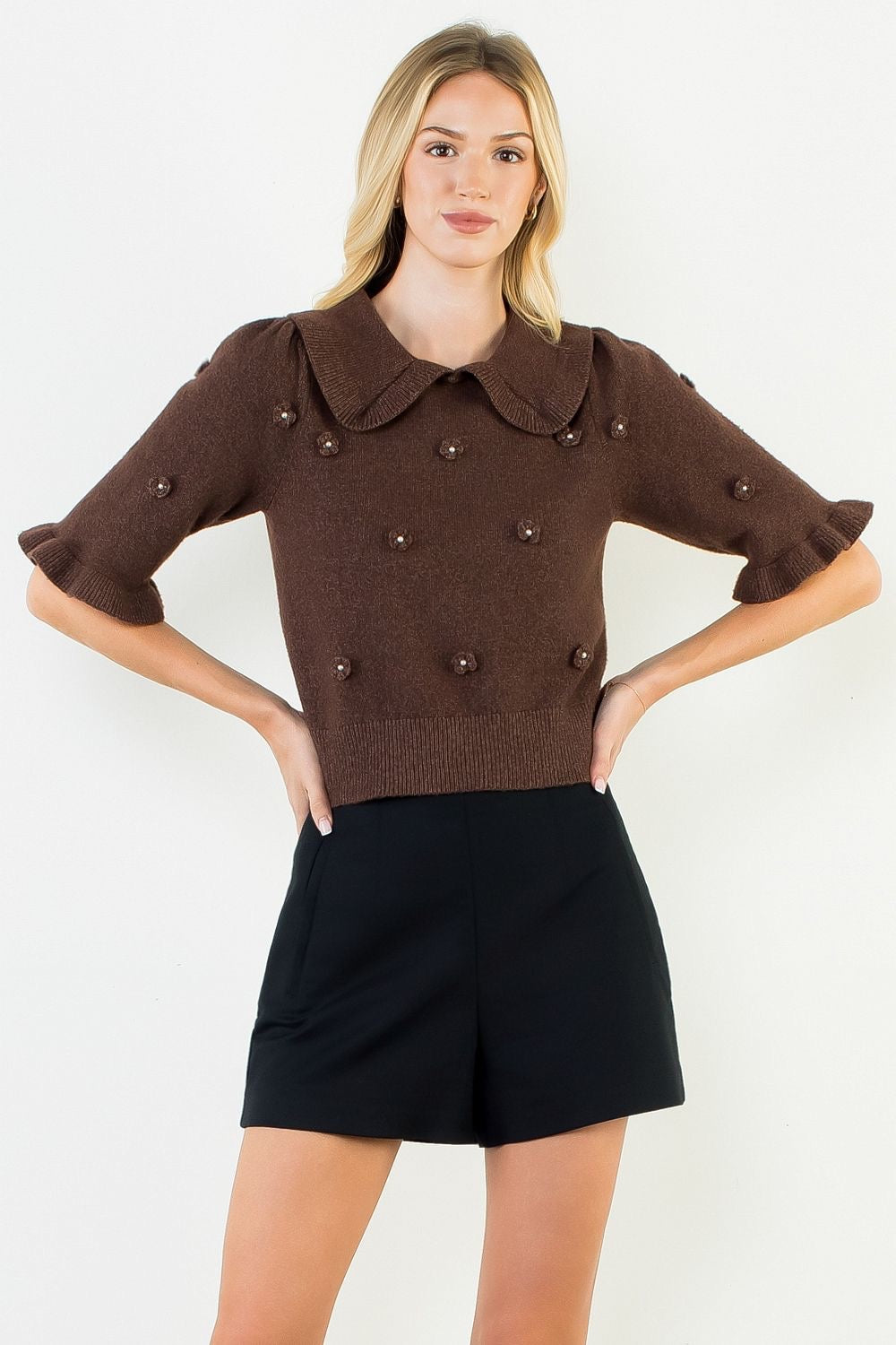 Brown cropped sweater top with Peter Pan collar, ruffle cuffs, and pearl floral appliques