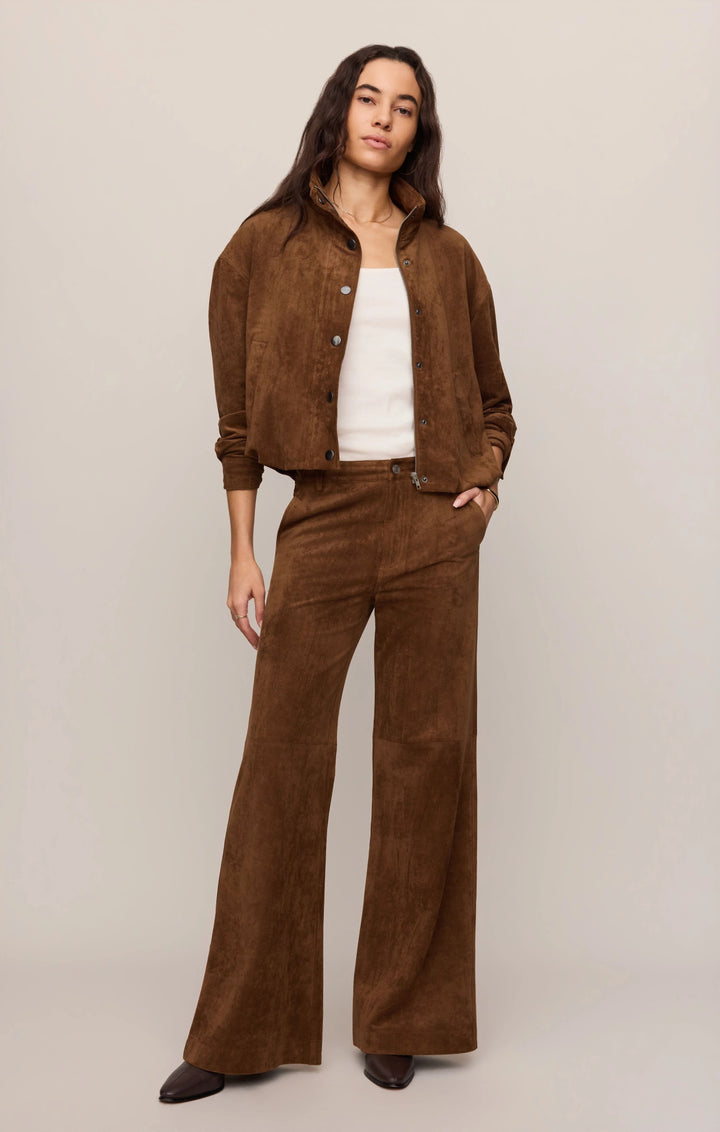Cecile faux suede wide leg pant, high rise with trouser pockets and 32 inch inseam