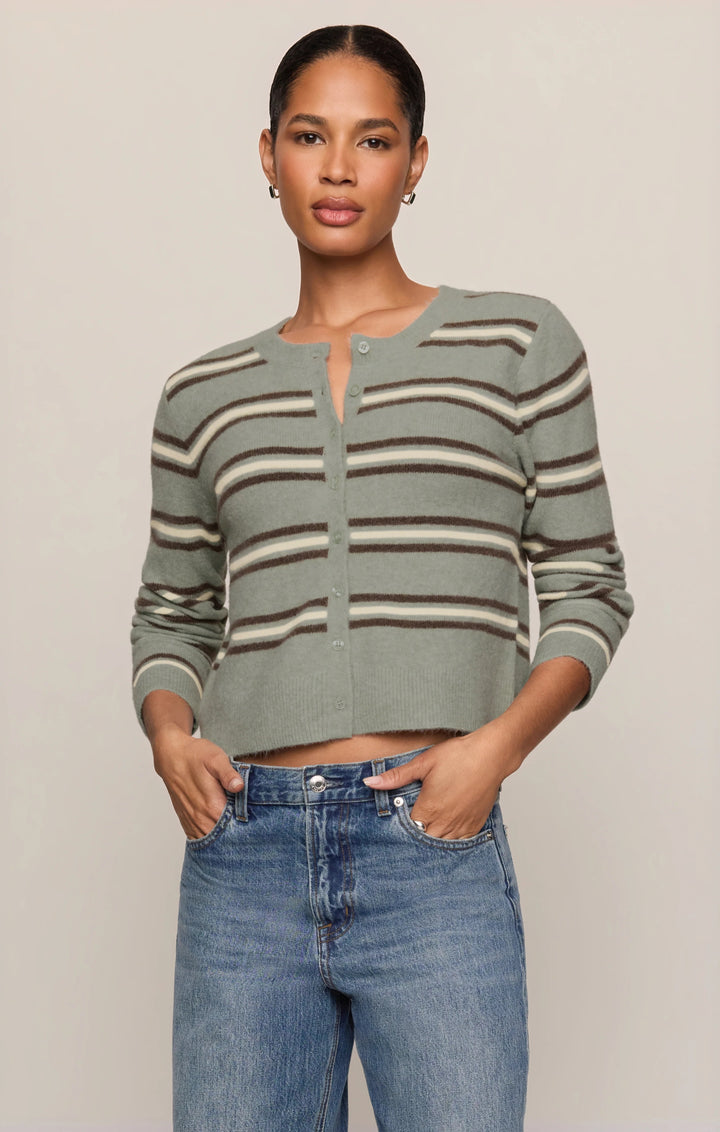 Z Supply Medina stripe cardigan in aqua cloud, lightweight button front knit with crew neck