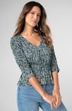 Ruched 3/4 Sleeve V-Neck Knit Top