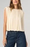 Sleeveless Draped Knit Top with Shoulder Pads — Vintage Cream Pale Gold