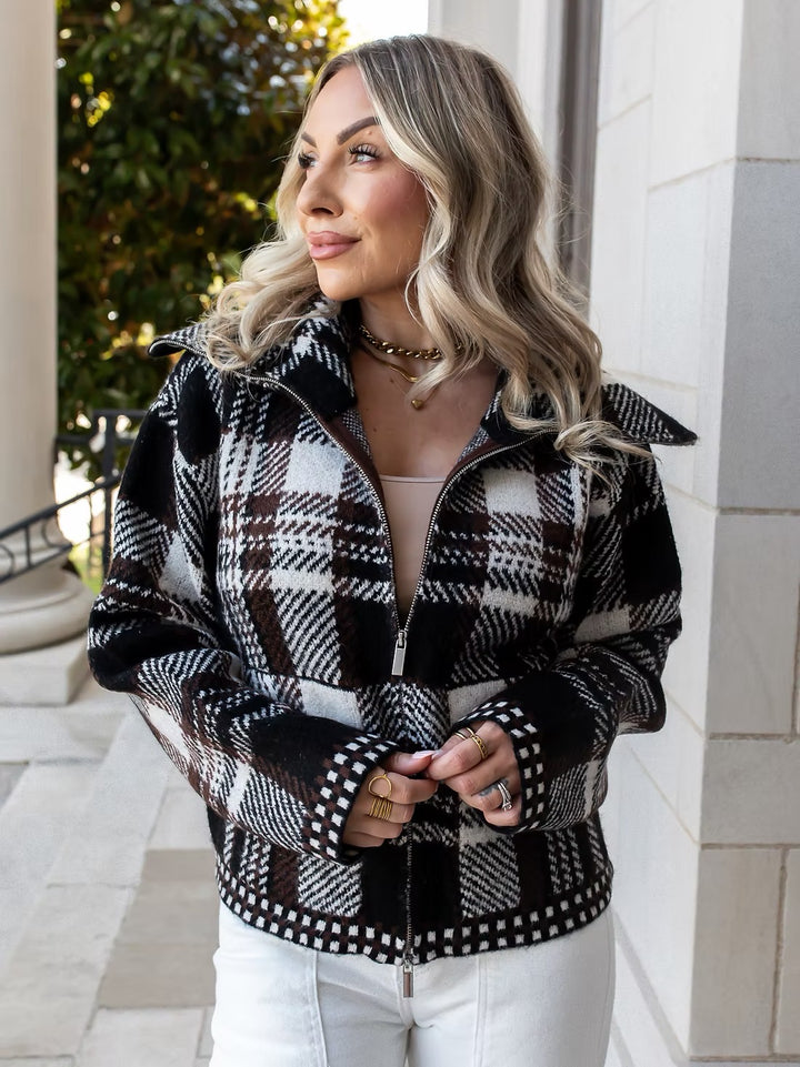 Rue Zip Up Sweater Knit Jacket in Chocolate