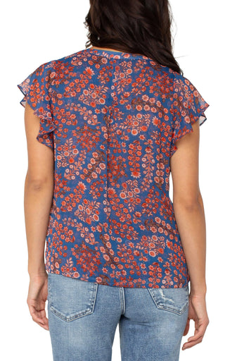 Blue Pink Floral Double layer flutter sleeve Chiffon Blouse