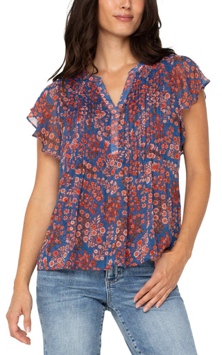 Blue Pink Floral Double layer flutter sleeve Chiffon Blouse