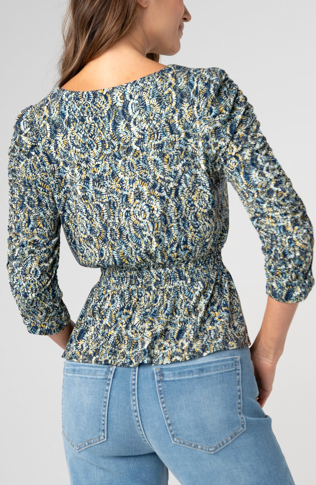 Ruched 3/4 Sleeve V-Neck Knit Top
