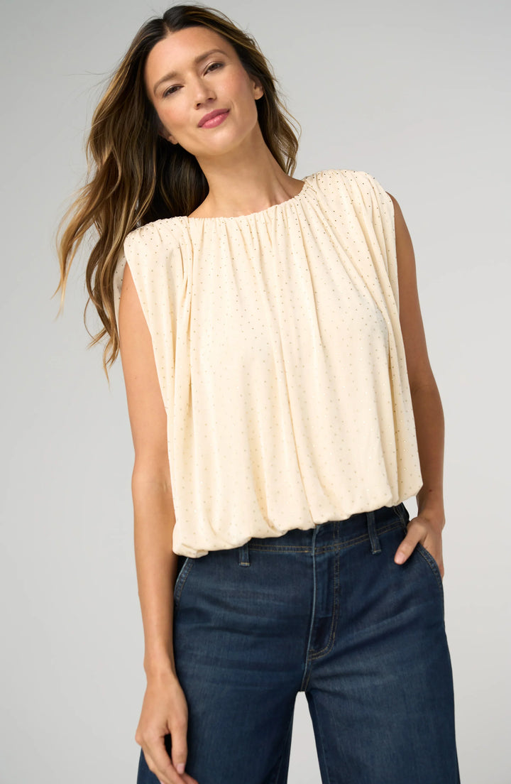 Sleeveless Draped Knit Top with Shoulder Pads — Vintage Cream Pale Gold