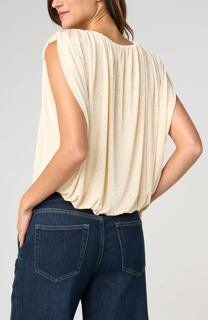 Sleeveless Draped Knit Top with Shoulder Pads — Vintage Cream Pale Gold