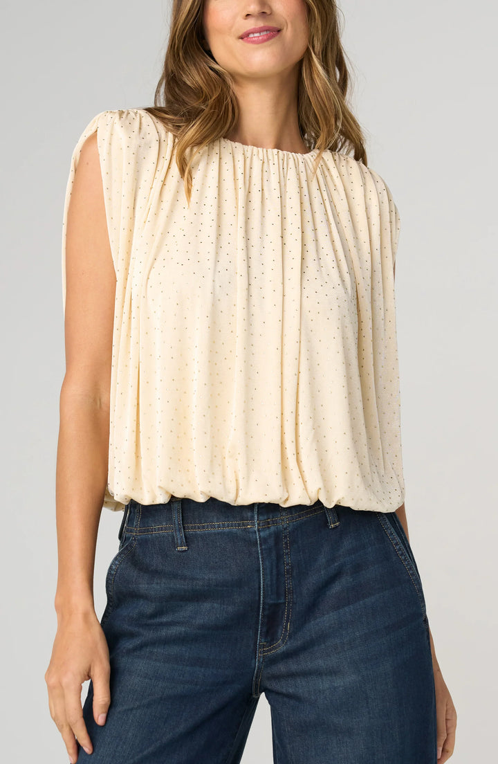 Sleeveless Draped Knit Top with Shoulder Pads — Vintage Cream Pale Gold