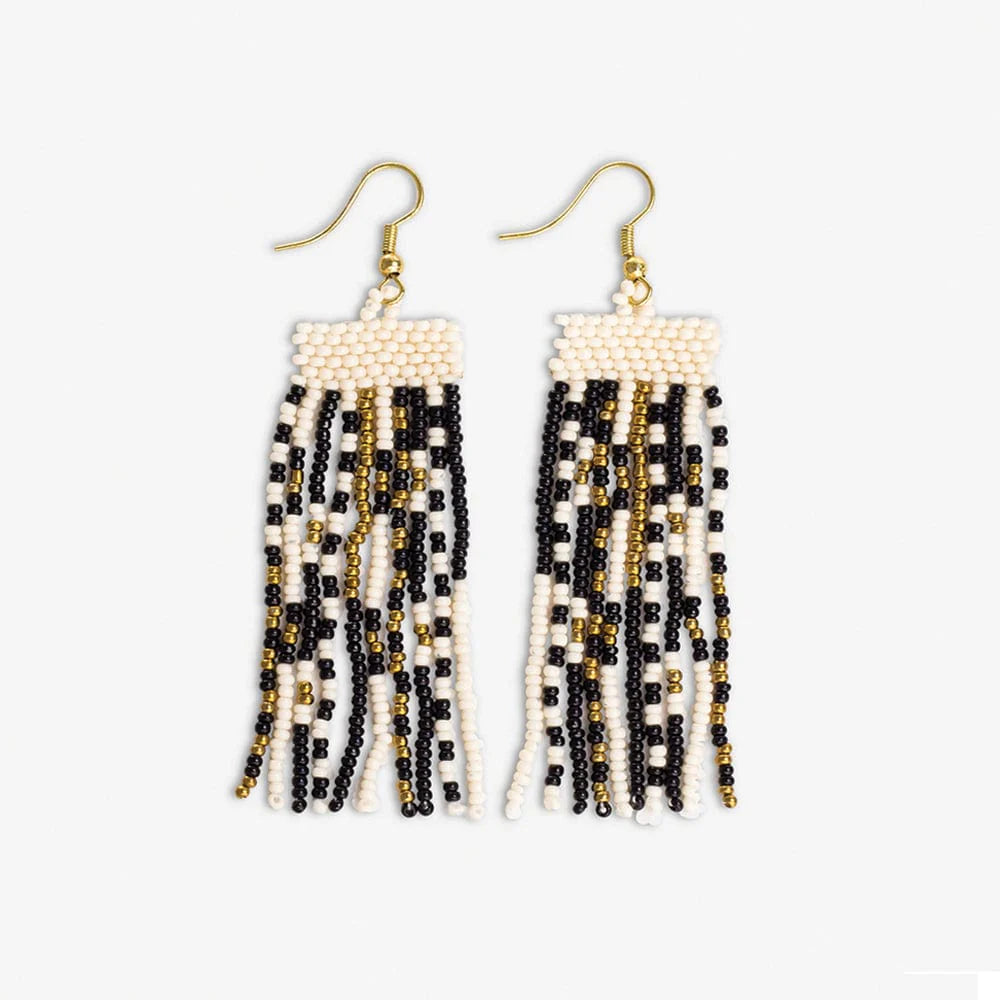 Adaline Mixed Patterns Beaded Fringe Earrings Black And Cream Wholesale