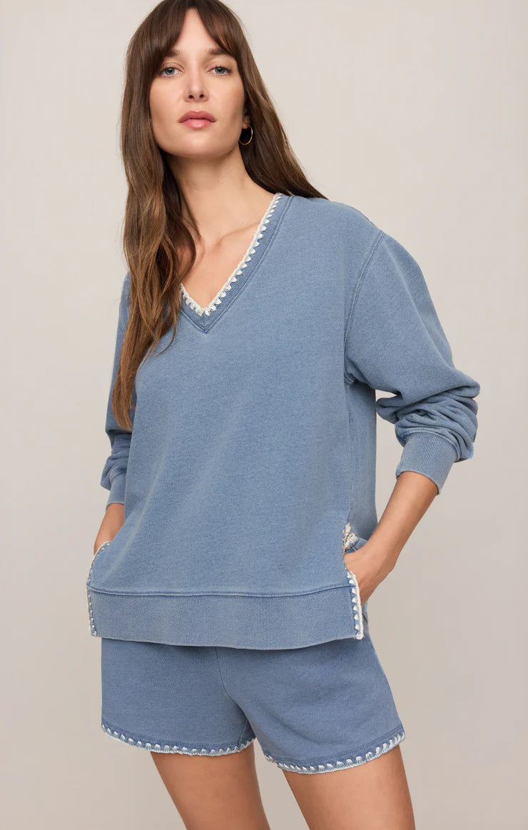 Cam Knit Denim Whipstich Top- Long Sleeve