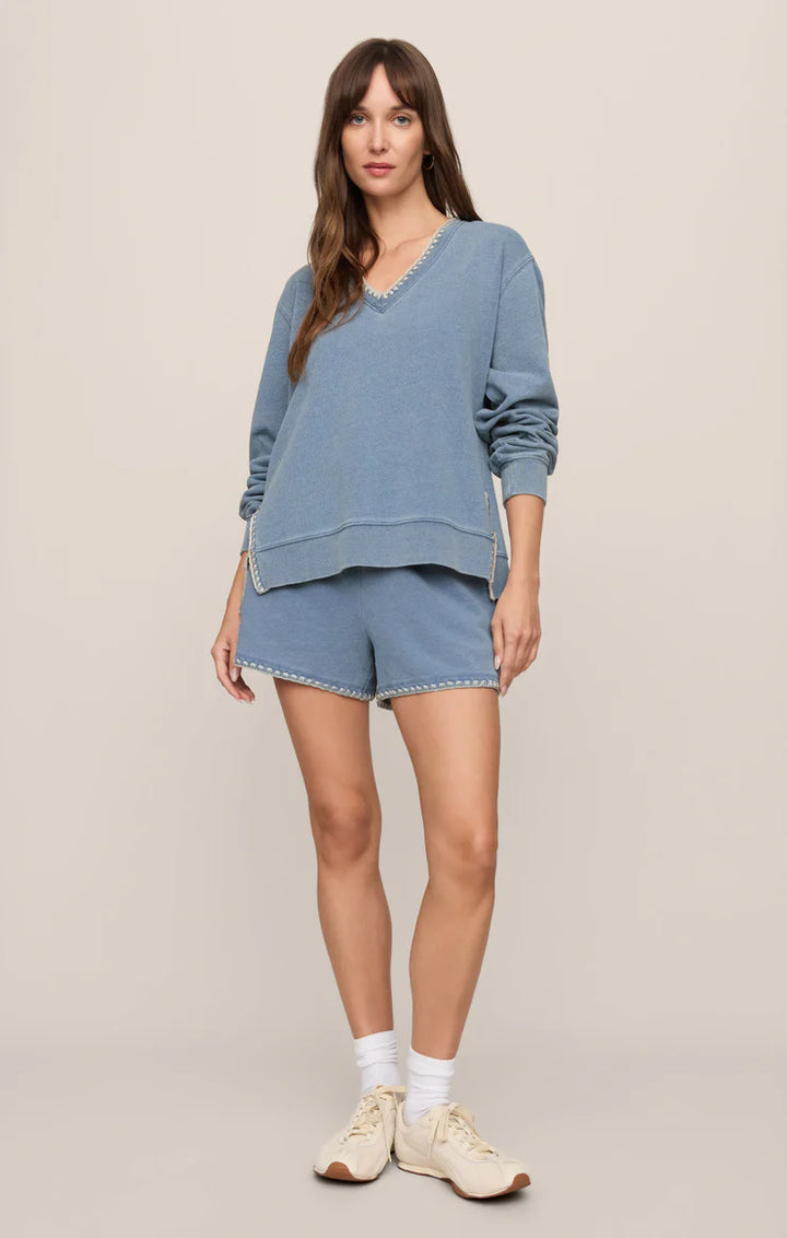 Cam Knit Denim Whipstich Top- Long Sleeve