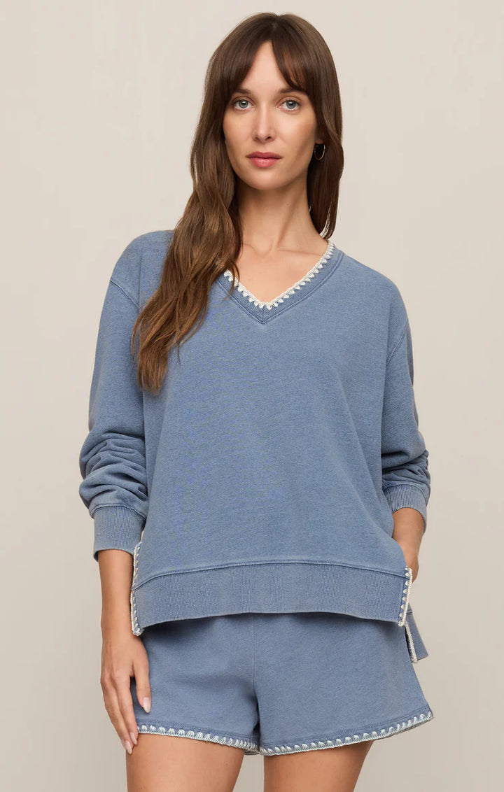 Cam Knit Denim Whipstich Top- Long Sleeve