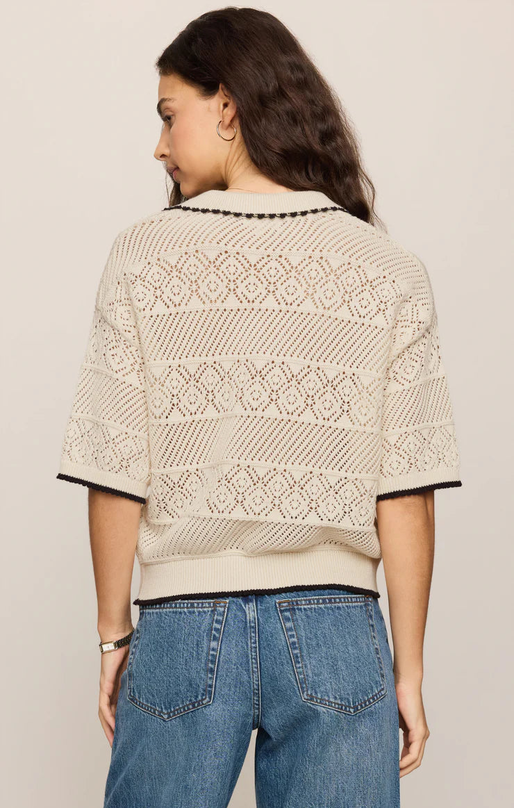 Denman Crochet Polo Sweater in Sandstone