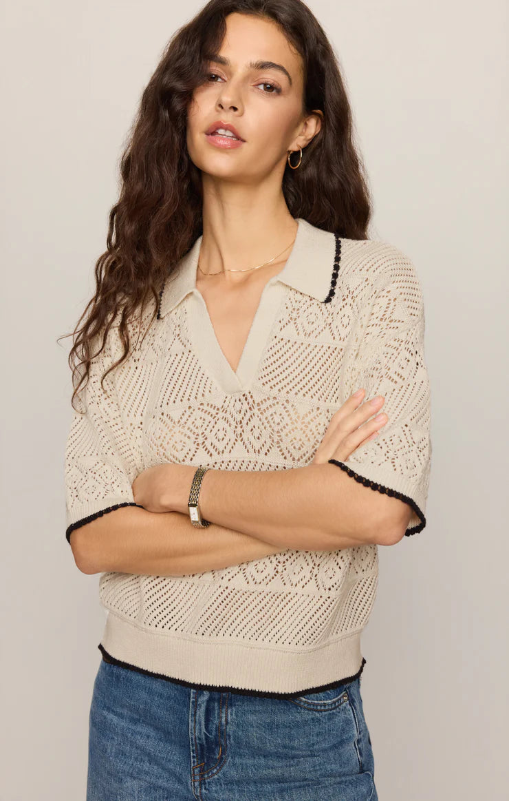 Denman Crochet Polo Sweater in Sandstone