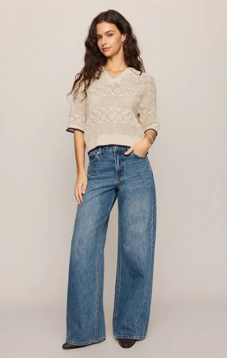 Denman Crochet Polo Sweater in Sandstone