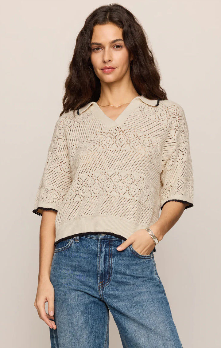 Denman Crochet Polo Sweater in Sandstone