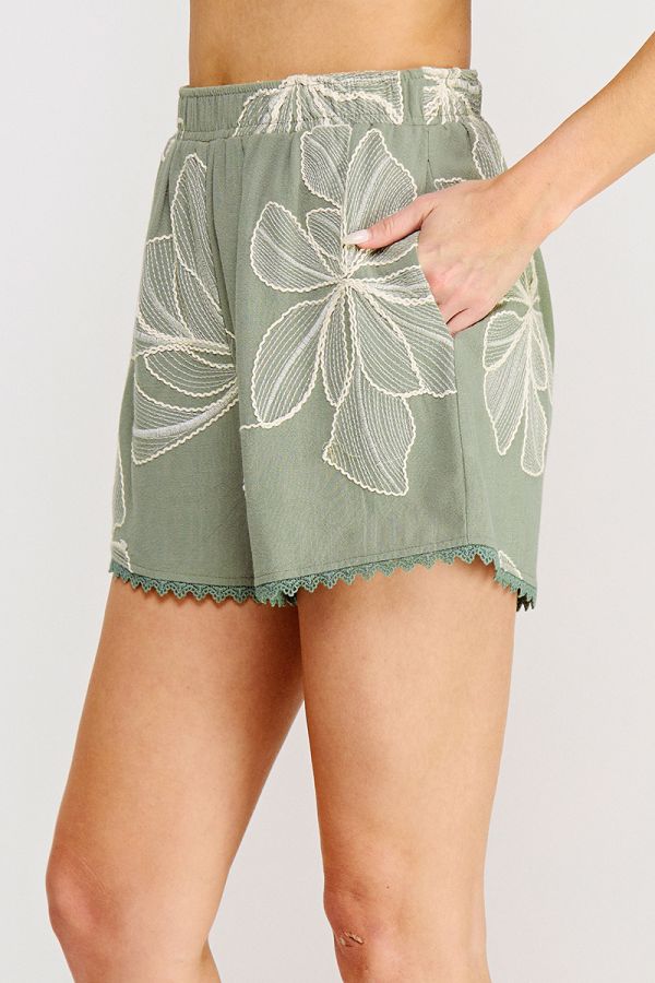Floral Embroidered Linen Blend Shorts – Sage