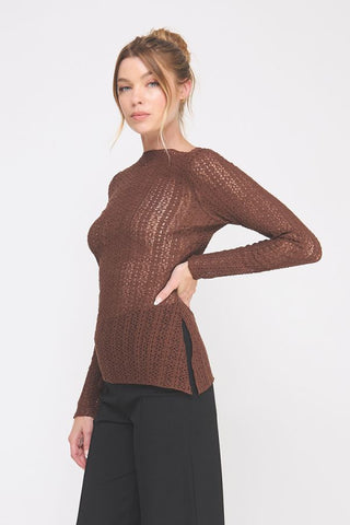 Asymmetrical Knit Lace Top – Brown