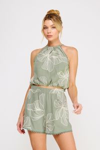 Floral Embroidered Linen Halter Top – Sage