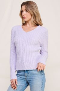 Soft Cloud Ribbed V-Neck Pullover – Pale Lilac