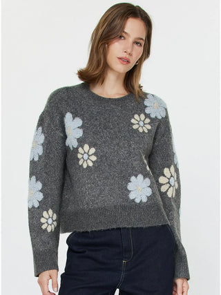 Floral Motif Crew Neck Sweater