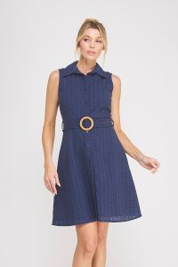 Navy Belted Collared Dress