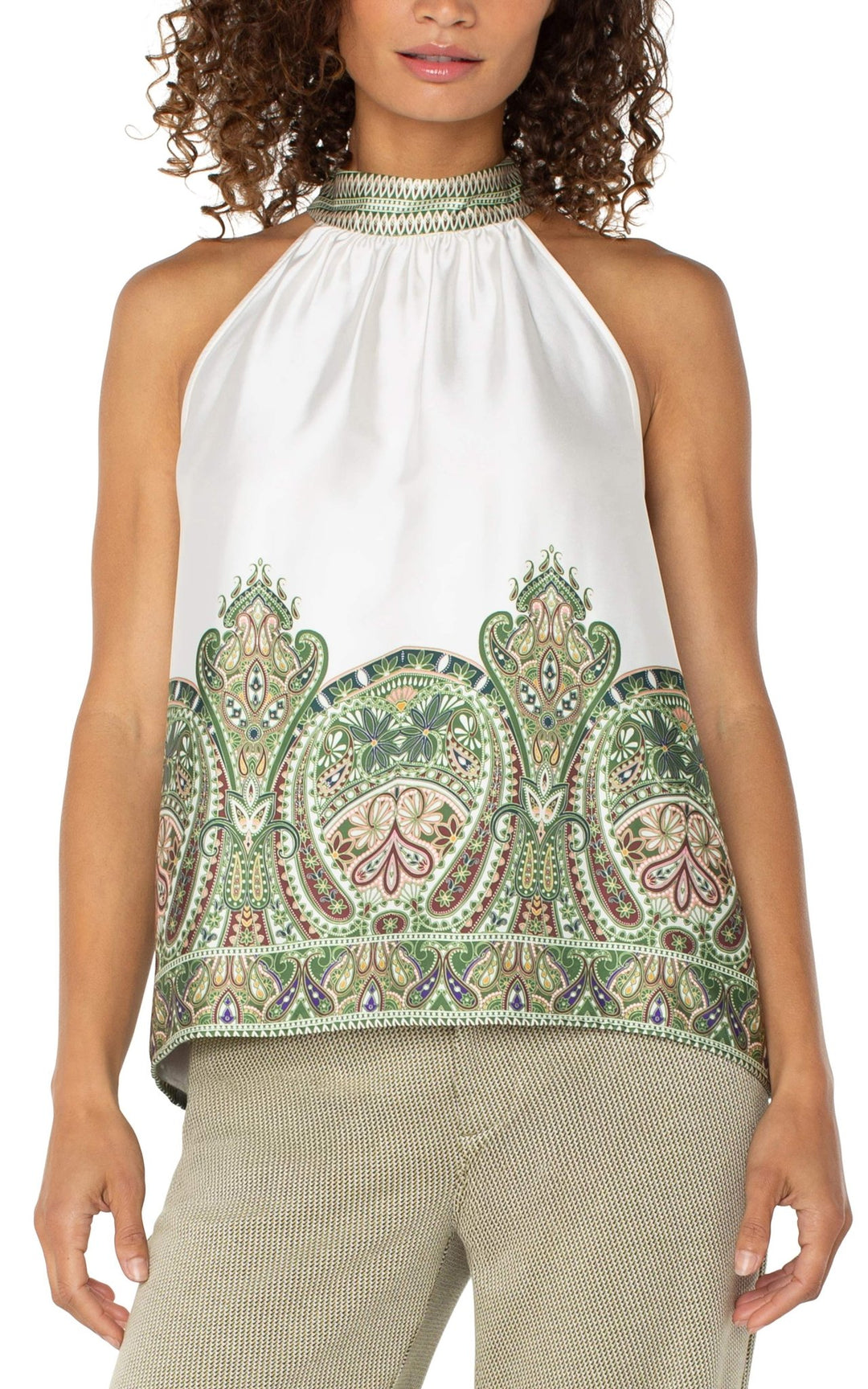 Cream/Olive Paisley Print Mock Neck Halter Top by Liverpool Los Angeles - Hello Beautiful Boutique