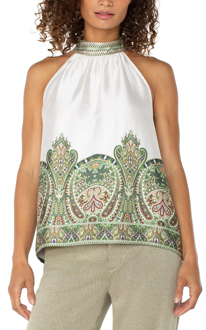Cream/Olive Paisley Print Mock Neck Halter Top by Liverpool Los Angeles - Hello Beautiful Boutique